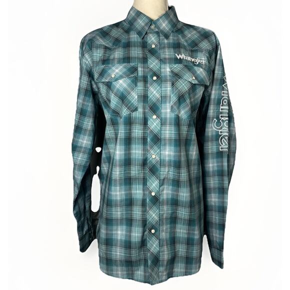 NWT Wrangler Boys XXL Light Blue Plaid Logo Button Down Shirt Western Cowboy - Picture 1 of 8